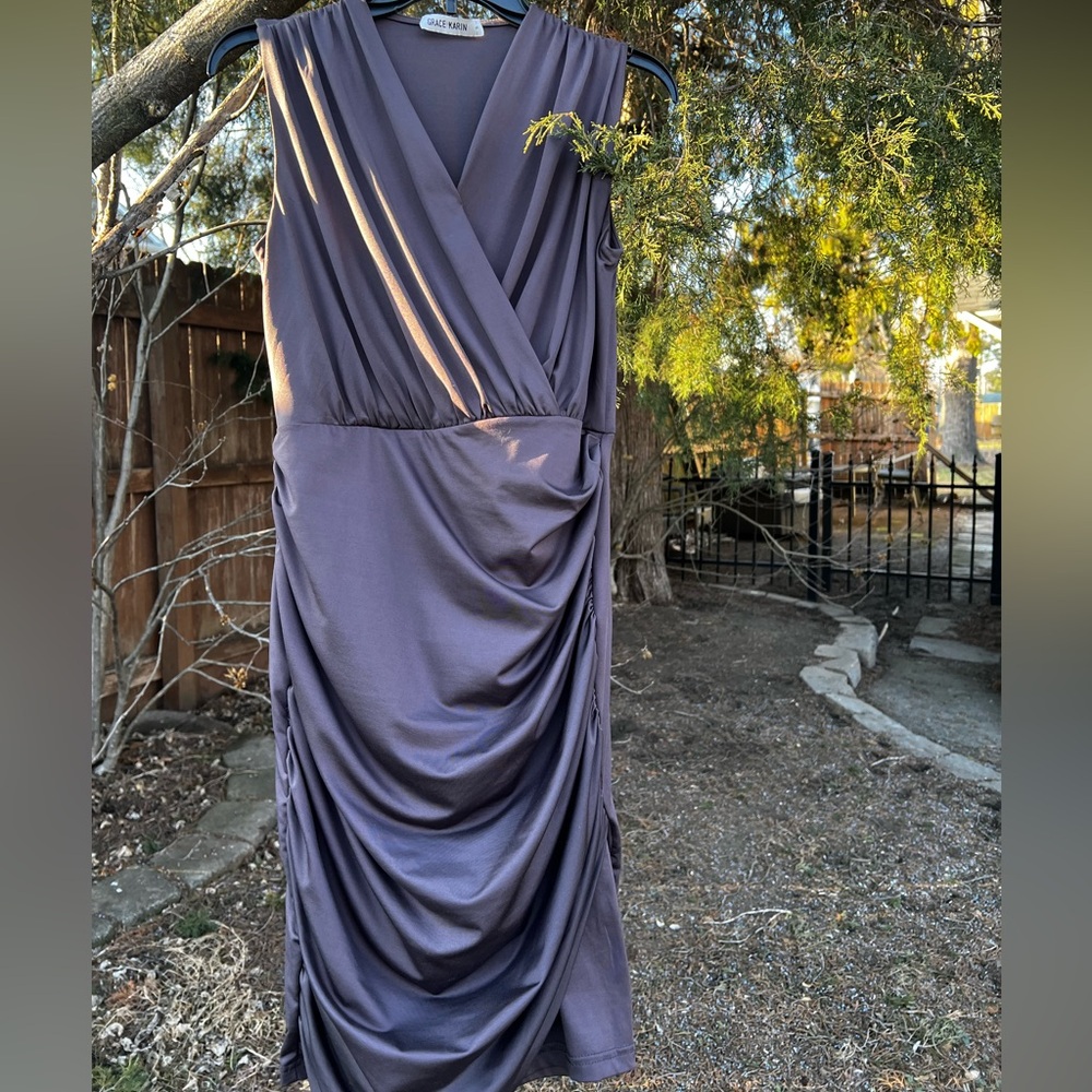 NWOT Grace Karin Dress S M 6 Chocolate Brown Ruched Surplice Lined Overlay y2k